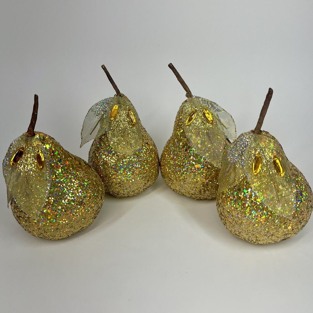 4 Sequin Gold Pear Faux Fruit Jewel Glitter Leaves Decorative Holiday Decor 5”